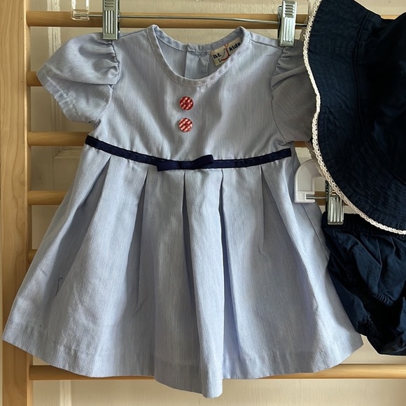 Vintage Cotton Blue & White Striped Dress with red gingham pattern buttons - Picture 2 of 7